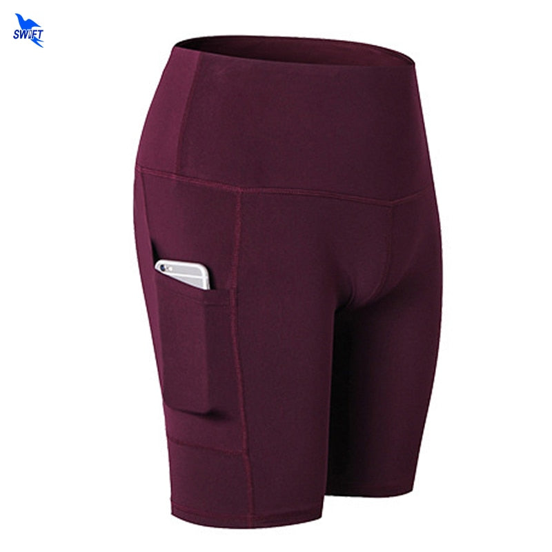 Women Compression Quick Dry Sports Yoga Shorts With Pockets High Waist Elastic Tights