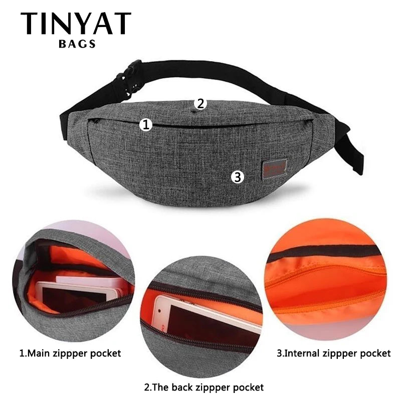 TINYAT Male Men Waist Bag Pack Casual Functional Money Phone Belt Bag Women Bag for Belt Canvas Hip Bag Fanny Pouch Banana bags
