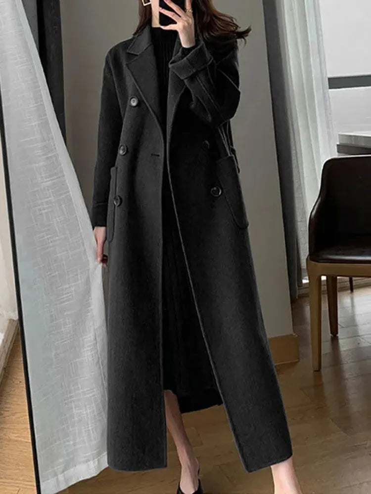 Jmprs Winter Woolen Long Coat Casual Women Double Breasted Faux Wool Jacket Fall Fashion Korean Ladies Black Clothes New